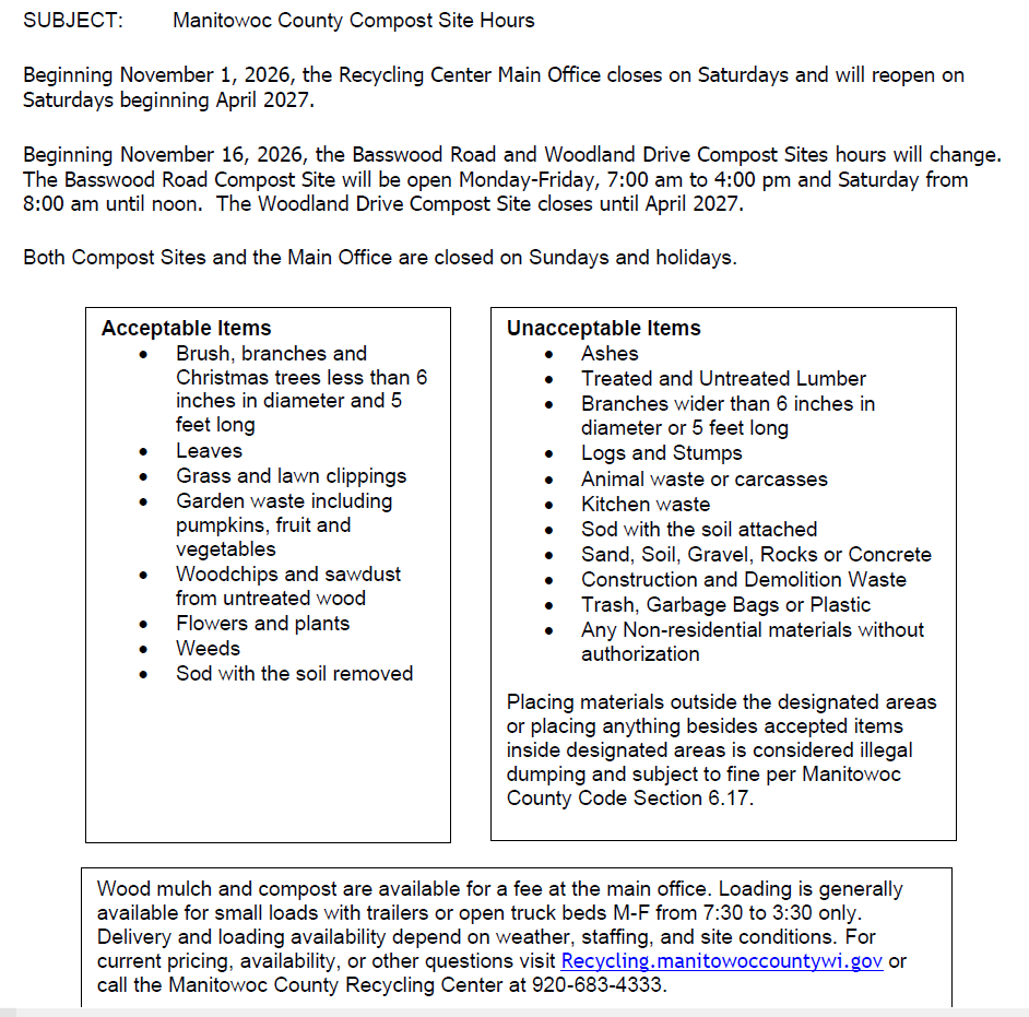 Manitowoc County Compost Site Hours